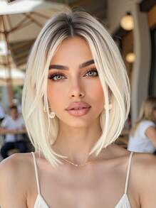 Elegant 12 Inch Medium Split White Blonde Short Straight Hair Synthetic Heat Resistant Fiber Wig Women's Wig Perfect For Holiday Party Everyday Wear - Vàng - Xem 2