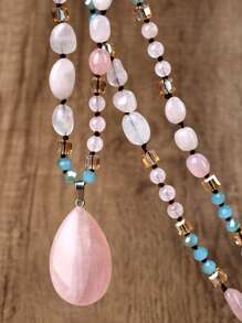 Bohemian Natural Pink Quartz Pendant Necklace, Handcrafted Beaded Long Chain For Women - Genuine Gemstone, No Plating, Rock Crystal Mosaic, Perfect For All Seasons, Valentines & Mother's Day Gift,Mom,Mother,Mother's Day,Gift - Multicolor - View 4