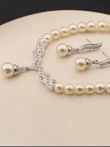 Handmade Beaded Glass Pearl With Rhinestones Necklace Earring Set - 1 Necklace & 1 Pair Earrings, Wedding Bridal Jewelry