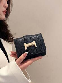 Dompet Kartu Wanita Lipat 3, Penutup Flip, Pengikat Jepit, Pendek, Klasik, Motif Houndstooth Hitam, Tempat Kartu Multi, Anti-RFID, Dompet Kompak Bergaya Vintage - Hitam - View 2
