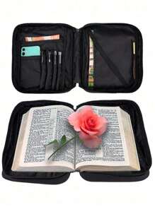 Customized Name Simple Letter Print Tote Bag, Multifunctional Bible Storage Bag, Suitable For Students' Daily Use; Leopard Print Heart Cross Bible Storage Bag, Suitable For Anniversary, Birthday, Holiday/Vacation, Outdoor/Picnic/Travel/Hiking, Business/Commute/Work/Office And Other Occasions - Black - View 3