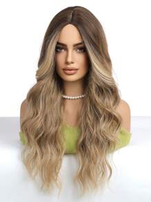 24英寸中分长卷发耐热合成纤维假发，女士假发，适合节日、派对和日常佩戴 - 金色 - 查看 6