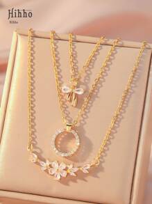 Hihho 3 件套时尚休闲花朵与树枝设计搭配蝴蝶结和圆形锆石装饰项链套装，适合派对和礼物 - 金黃色 - 查看 1