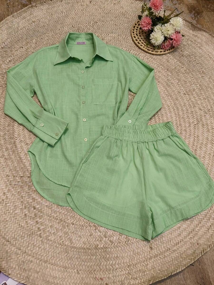 2pcs Shirt And Shorts Set - Olive Green - View 1