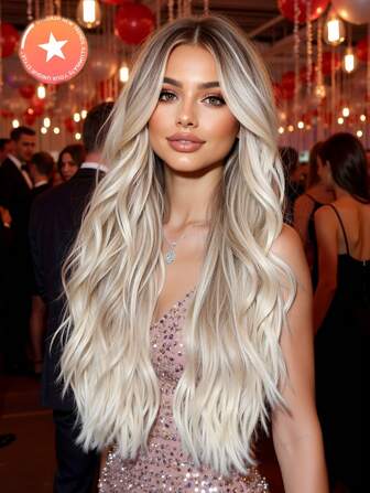 High Quality 26-Inch Figure-Eight Fringe Gradient White Gold Long Curly Synthetic Heat-Resistant Fiber Wig Women's Wig Perfect For Holiday Party Daily Wear