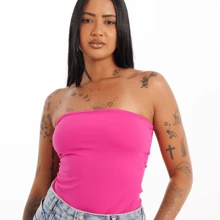 Women's Basic Tube Top, Strapless, Long, Double Polyamide Tube Top, Without Pads - Hot Pink - View 2