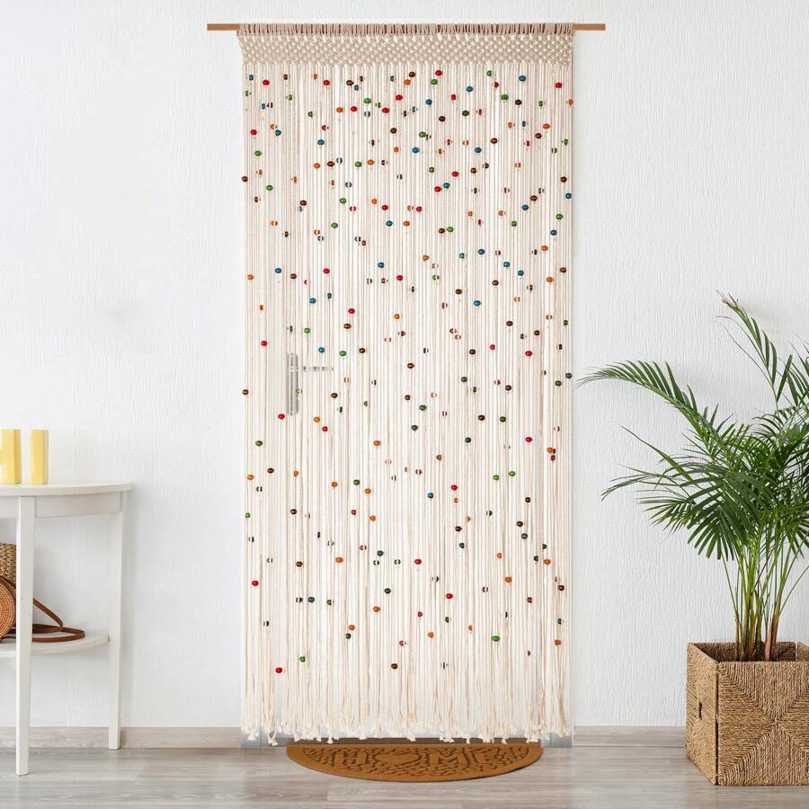 79 Inch Macrame Curtain Wall Hanging Tapestry With Beads Hand Woven Room Doorway Divider Bohemia Room Hanging Decoration Wedding Gift For Bedroom Living Room Bedroom Privacy Decor - Beige with Rainbow Beads - 查看 1