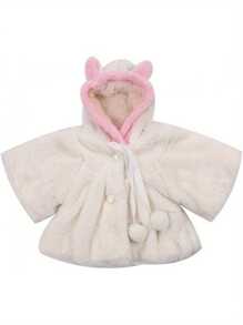 Abrigo de piel sintética para niña, con lazo y botones de perla, con capucha y orejas de conejo, chaqueta gruesa y cálida - Blanco - Ver 3
