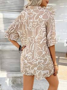 PoPoHouse 女士两件套夏季套装，波西米亚风休闲时尚装扮，度假沙滩套装，碎花短袖衬衫和短裤套装，女士度假服饰 - 咖底白線條 - 查看 2