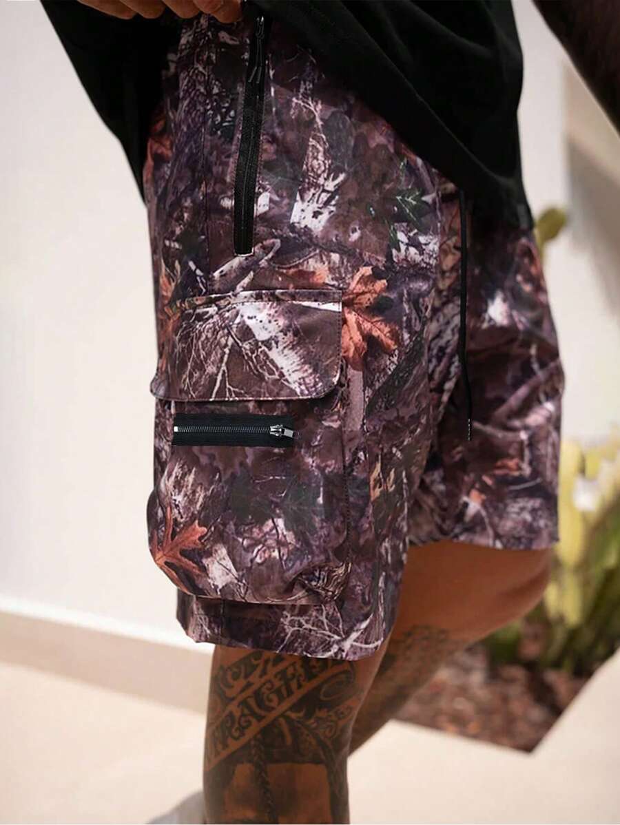 男士印花前系带口袋休闲短裤，日常穿着