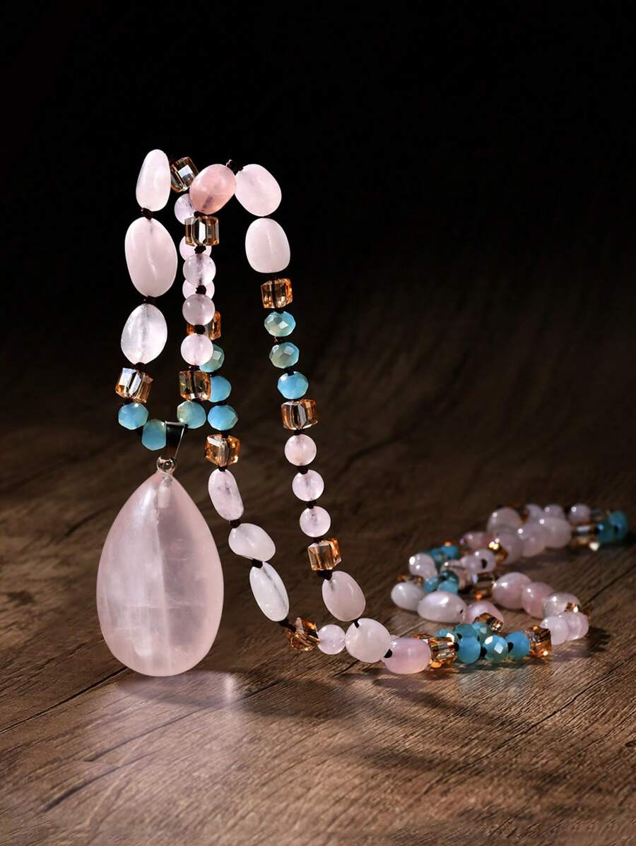 Bohemian Natural Pink Quartz Pendant Necklace, Handcrafted Beaded Long Chain For Women - Genuine Gemstone, No Plating, Rock Crystal Mosaic, Perfect For All Seasons, Valentines & Mother's Day Gift,Mom,Mother,Mother's Day,Gift - Multicolor - View 1