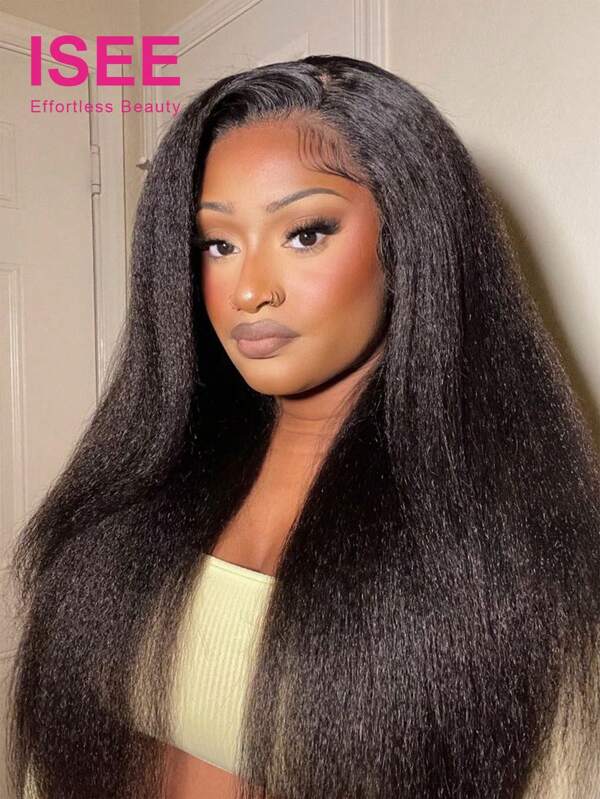 ISEE HAIR Wear Go 6x4 HD Lace Glueless Kinky Straight Wigs Pre Plucked & Pre-Cut 180% 8-30 Inch Lace Closure Natural Color Wigs With Natural Hairline Human Hair Daily Use For Women