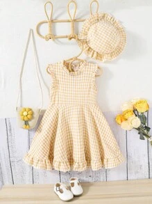 年轻女孩无袖荷叶边 A 字连衣裙，带帽子，甜美风格，轻盈服装，适合日常穿着，春夏季 - 黃色 - 查看 2