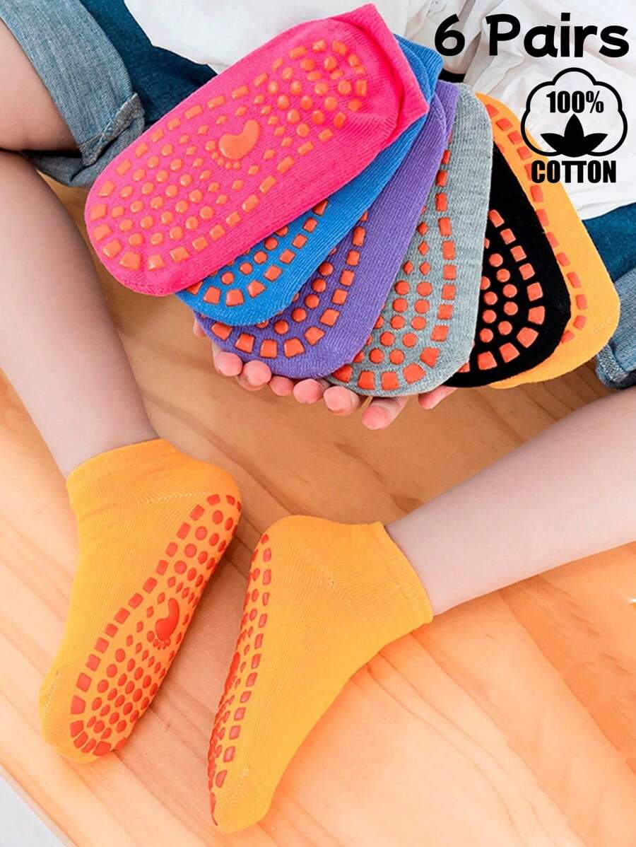 6 双儿童室内地板袜，纯色休闲乳胶防滑全棉短袜，学生袜 - 彩色 - 查看 1