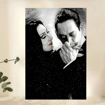 Framed  Enchanting Love Valentine'S Day Wooden Framed Canvas Poster, Morticia And Gomez  , Vintageie Theme, Gothic Decor, Mid Century Retro Style, Large Canvas Print For Living Room, Ready To Hang, Perfect For Room Decor For Easter Poster & Room Decor For Valentine's Day, 2025, Mother's Day, Halloween, Christmas, Birthday And Other Holiday Decorations