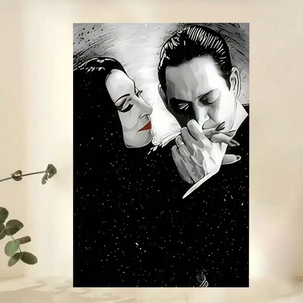 Framed  Enchanting Love Valentine'S Day Wooden Framed Canvas Poster, Morticia And Gomez  , Vintageie Theme, Gothic Decor, Mid Century Retro Style, Large Canvas Print For Living Room, Ready To Hang, Perfect For Room Decor For Easter Poster & Room Decor For Valentine's Day, 2025, Mother's Day, Halloween, Christmas, Birthday And Other Holiday Decorations