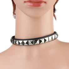 1pc Vintage Punk Square Studded PU Leather Choker Necklace, Black & Red, Suitable For Couples, Gift For Girlfriend