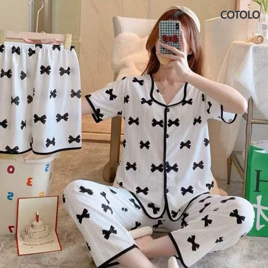 COTOLO Conjunto de ropa de hogar para mujer de manga corta con solapa suelta lindo y dulce, conjunto de 3 piezas, conjunto de pijama de mujer suave y cómodo, adecuado para las estaciones de primavera, verano, otoño e invierno, con patrón de lazo - corbata de moño - Ver 1