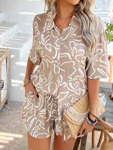 PoPoHouse 女士两件套夏季套装，波西米亚风休闲时尚装扮，度假沙滩套装，碎花短袖衬衫和短裤套装，女士度假服饰 - 咖底白線條 - 查看 4