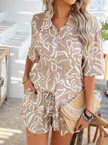 PoPoHouse Women's Two Pieces Summer Outfits Bohemian Holiday Casual Fashion Floral Short-Sleeved Shirt And Shorts Set