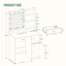 Hzuaneri Dressing Table With Mirror And 10 LED Lights, Makeup Vanity With 3 Shelves & 4 Open Compartments, Large Drawer & Cabinet, Adjustable Lighting Brightness, No Stool - Grey - View 7