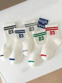 5 双儿童男孩和女孩 23 号和条纹图案透气网眼学院风格白色袜子，舒适运动袜适合日常穿着 - 彩色 - 查看 8