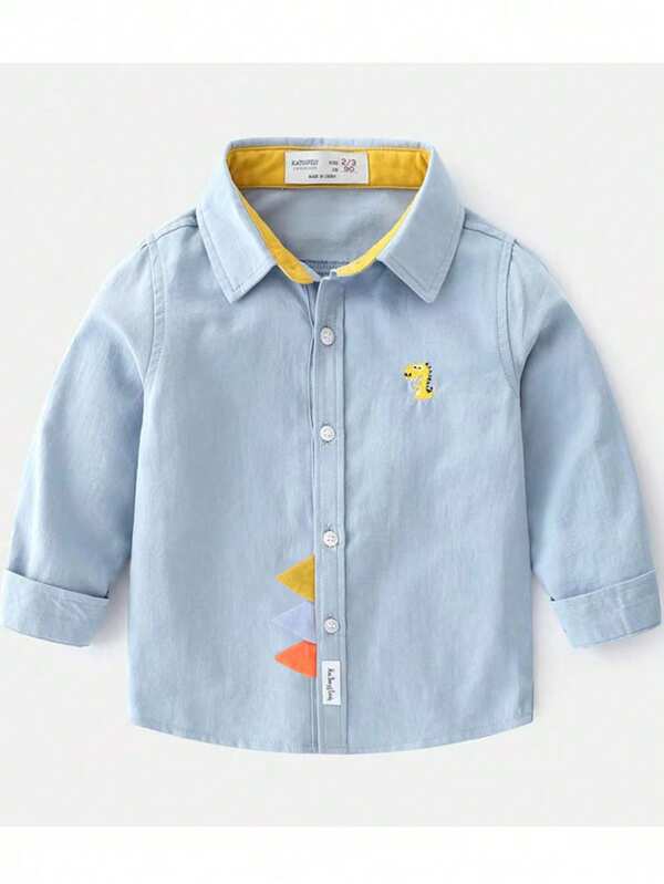 Young Boy Cartoon Embroidered Casual Long Sleeve Shirt, Autumn New
