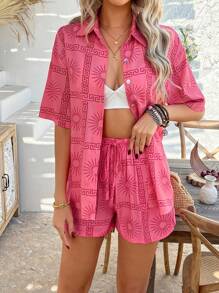 PoPoHouse Women's Two Pieces Summer Outfit, Bohemian Style Casual Fashion Clothing, Vacation Beach Set, Floral Patterned Short Sleeved Shirt And Shorts Set