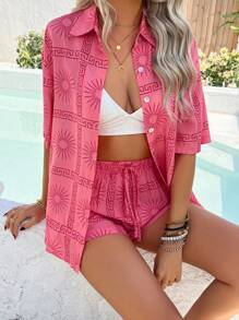 PoPoHouse Women's Two Pieces Summer Outfit, Bohemian Style Casual Fashion Clothing, Vacation Beach Set, Floral Patterned Short Sleeved Shirt And Shorts Set