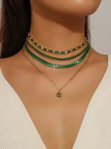 1pc Vintage Charm Elegant Versatile Sparkling Cubic Zirconia Geometric Brass Necklace Choker For Women And Girls, Daily Wear, Teacher's Day, Mother's Day, Valentine's Day, Goddess Day, Thanksgiving, New Year Gift - Dark Green - View 11