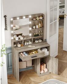 Hzuaneri Dressing Table With Mirror And 10 LED Lights, Makeup Vanity With 3 Shelves & 4 Open Compartments, Large Drawer & Cabinet, Adjustable Lighting Brightness, No Stool - Grey - View 3