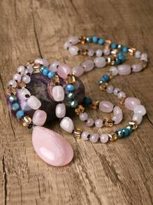 Bohemian Natural Pink Quartz Pendant Necklace, Handcrafted Beaded Long Chain For Women - Genuine Gemstone, No Plating, Rock Crystal Mosaic, Perfect For All Seasons, Valentines & Mother's Day Gift,Mom,Mother,Mother's Day,Gift - Multicolor - View 5