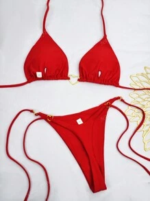 Conjunto de bikini 2024 de tejido de nailon con tirantes de contraste de color en forma de corazón, para mujeres, traje de baño para playa, resort y spa