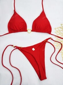 Conjunto de bikini 2024 de tejido de nailon con tirantes de contraste de color en forma de corazón, para mujeres, traje de baño para playa, resort y spa