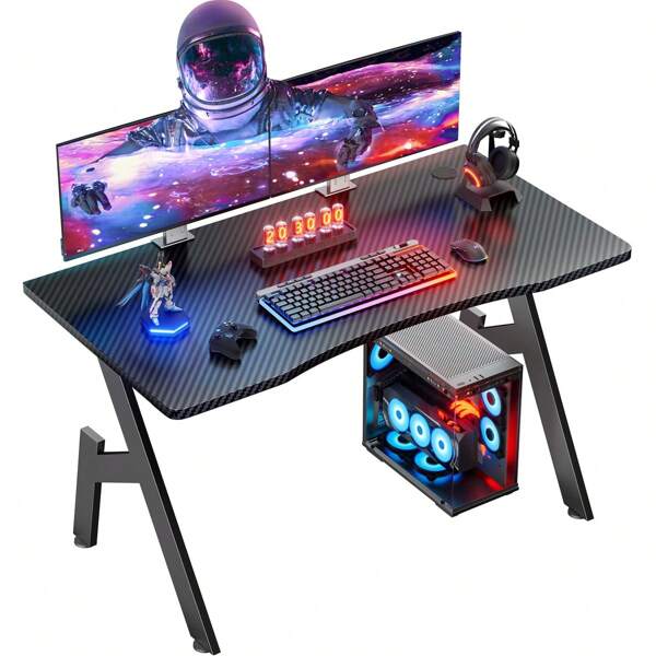 HLONONE Gaming Tisch 100 x 50 cm, Gaming Schreibtisch, Stabiler PC Tisch mit Kohlefaseroberfläche, Ergonomischer Computertisch für Gaming und Büro, Schwarz