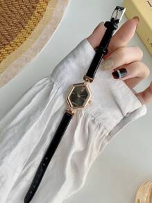 1pc New Fashion Minimalist Square Pointer Quartz Watch As A Gift For Students Returning To School Leather Strap. Suitable For Daily Wear. - one-size - View 2