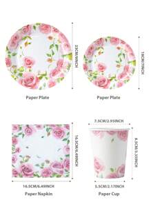 25 pièces Ensemble de vaisselle jetable (assiettes, serviettes et gobelets) avec imprimé aquarelle rose. Fournitures de fête convenant pour l'anniversaire, le pique-nique familial, le mariage, les rassemblements - Multicolore - Voir 2