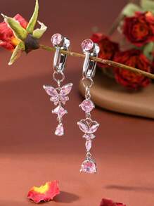 2pcs Pink Cubic Zirconia Heart, Butterfly, Rose Pattern Clip-On Fake Belly Button Rings, Stainless Steel Material, No Piercing Required, Suitable For Daily Wear, Valentine's Day Gift - Silvery - View 9