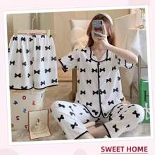 COTOLO Conjunto de ropa de hogar para mujer de manga corta con solapa suelta lindo y dulce, conjunto de 3 piezas, conjunto de pijama de mujer suave y cómodo, adecuado para las estaciones de primavera, verano, otoño e invierno, con patrón de lazo - corbata de moño - Ver 2