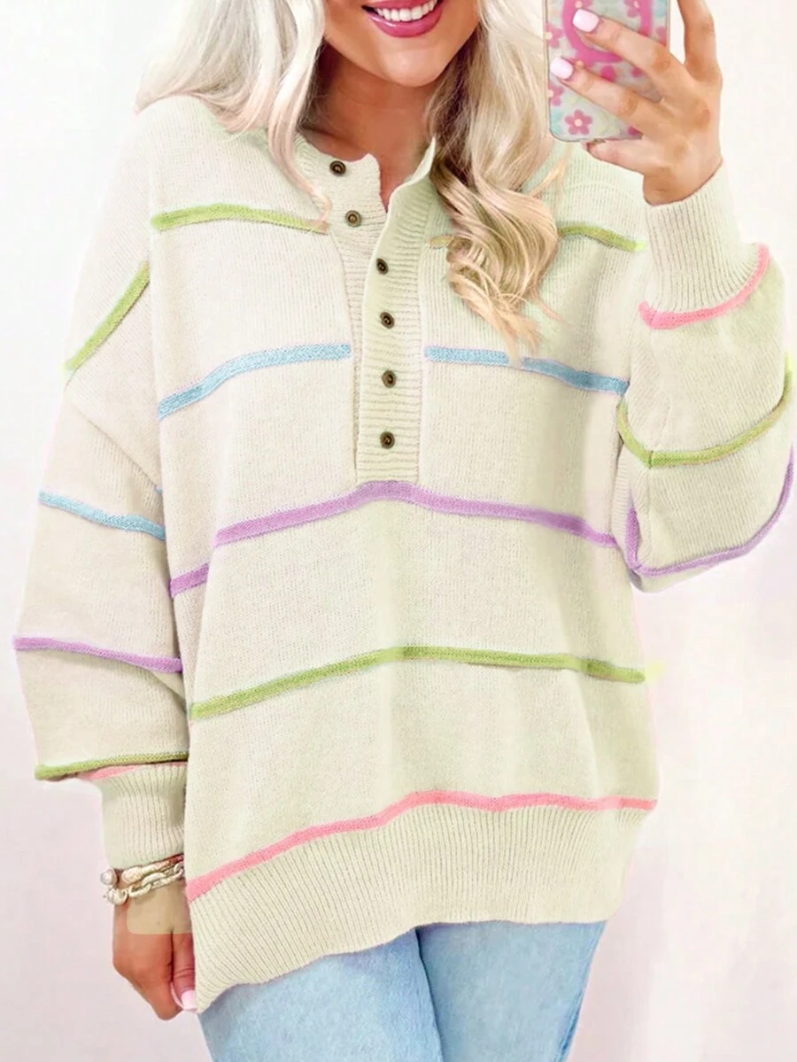Acelitt Áo khoác cardigan dáng rộng vai rớt kẻ sọc cầu vồng trắng, phong cách thường ngày. - trắng - Xem 1