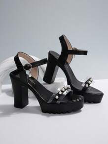 新款夏季黑色高跟凉鞋，时尚黑色经典珍珠高跟凉鞋 - 黑色 - 查看 6