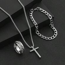 3pcs Stainless Steel Fashion Jewelry Set: Cross Pendant Necklace, Rotated Trim Ring And Chain Bracelet, Unisex Accessories - Silver - View 2