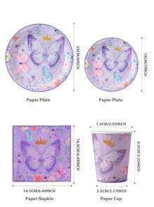 1 套 25 个紫色蝴蝶皇冠纸盘、餐巾和杯子，1 套 25 个粉色蝴蝶皇冠纸盘、餐巾和杯子，适合生日派对、家庭野餐的派对用品 - 彩色 - 查看 2