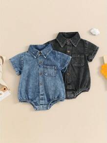 Mono vaquero para bebés, niños y niñas, color liso, manga corta, cuello vuelto, monos de verano con botones, monos casuales - Gris Oscuro - Ver 7