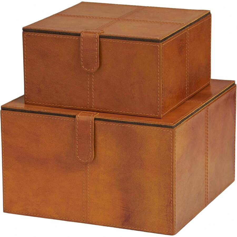 Set Of 2 Modern Brown Leather Decorative Storage Boxes With Snap Closure - Elegant Gift Boxes - Black - View 1