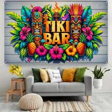 1 Vibrant Tiki Bar Tropical Floral And Totem Design Banner - Hawaiian Beach-Themed Backdrop Perfect For Party Decorations, Photo Booths, Outdoor And Garden Events