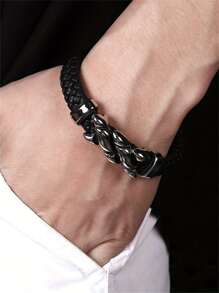 SeuSuk 1pc Newly Designed Classic Charm Men's Bracelet, Handmade Black Leather Magnetic Clasp Flame Bracelet, High Quality Punk Casual Jewelry Gift - Black - View 5