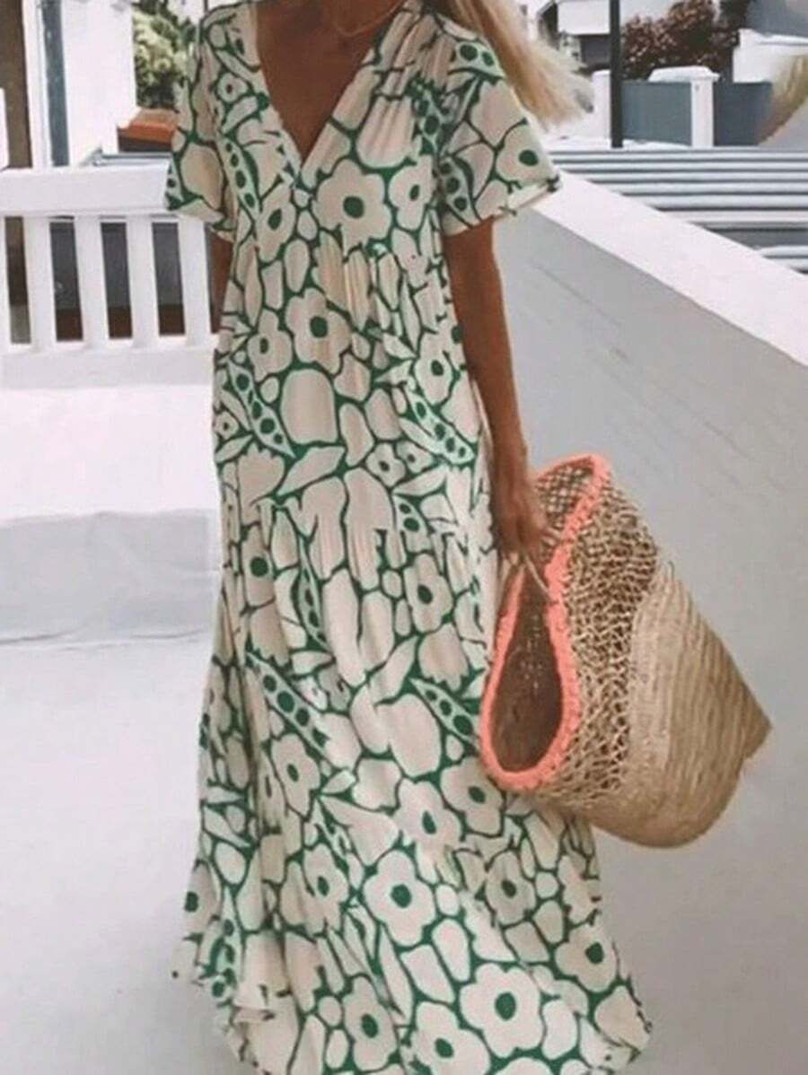 Vestido largo con cuello en V y estampado floral - Estilo bohemio chic effortless