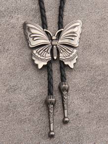 1pc Retro Bronze/Silver Butterfly Pendant Necklace, Casual Woven Black Leather Strap, For Men Gift - Butterfly - View 2