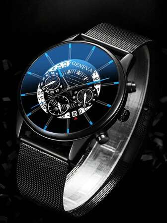 1 件休闲男士石英表，简约圆形表盘，金属网表带，男士最佳礼物，适合节日礼物和日常佩戴